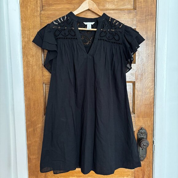 NWOT! H&M Flutter Sleeve Dress with Eyelet Embroidery in Black - S - Picture 1 of 6